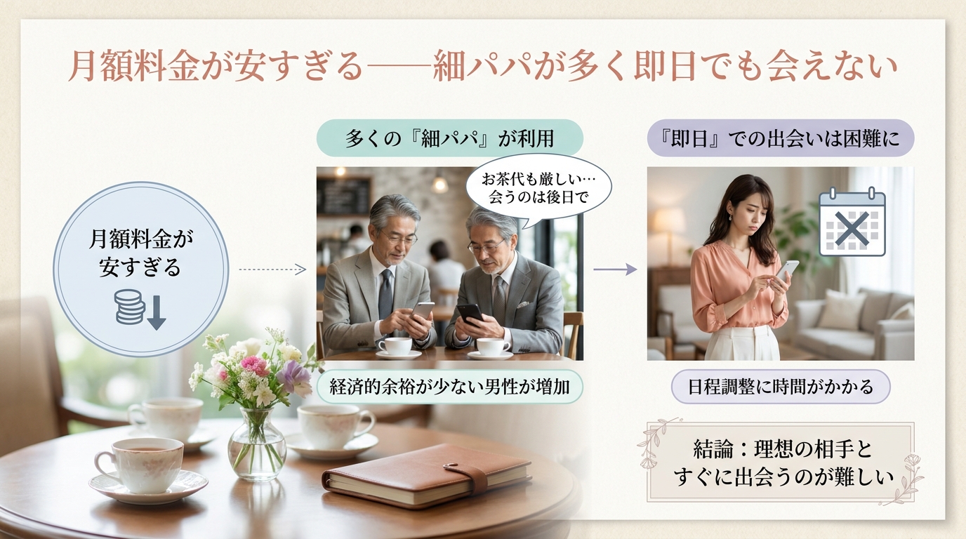 月額料金が安すぎる——細パパが多く即日でも会えない