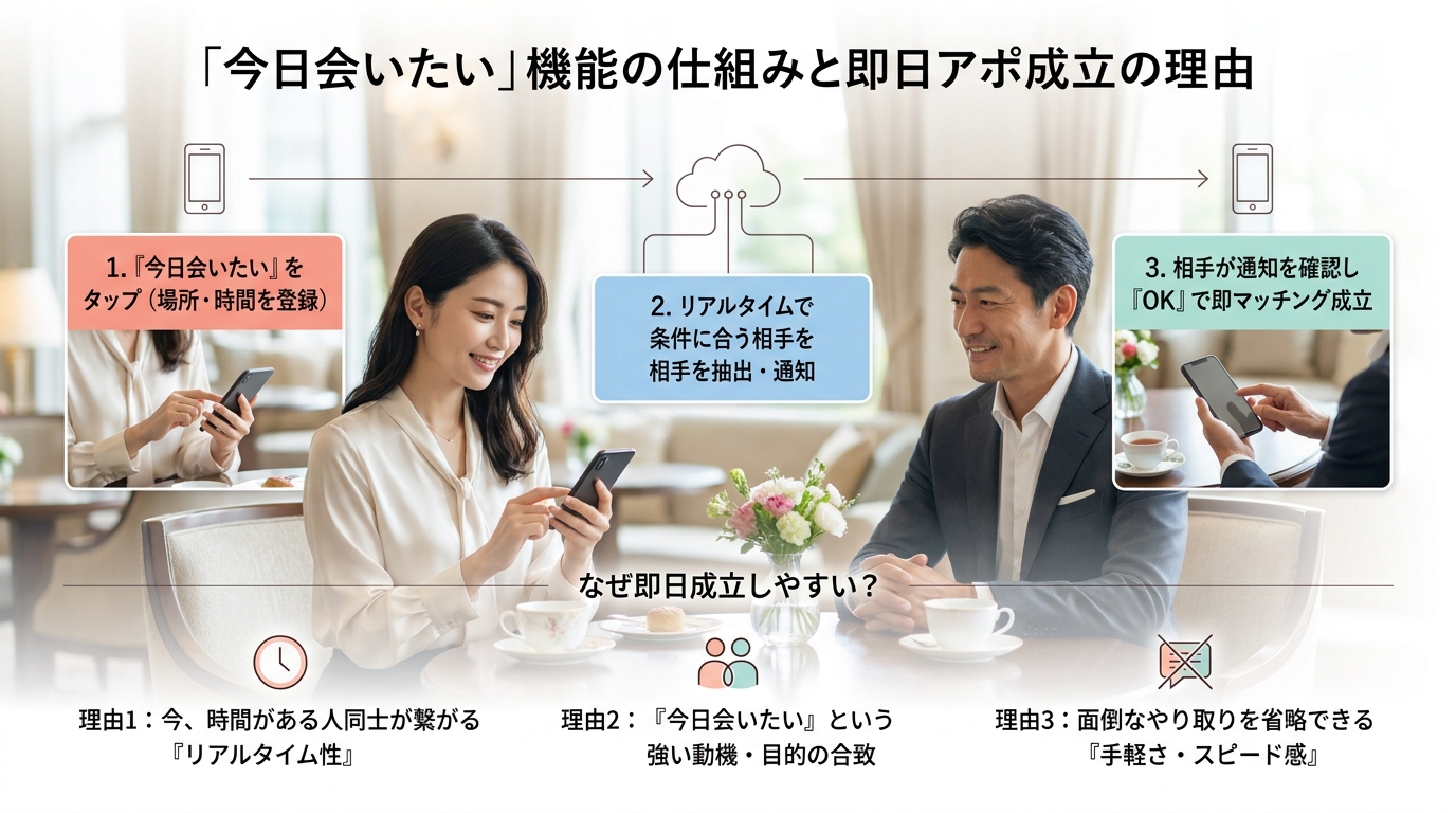 「今日会いたい」機能の仕組み——なぜ即日アポが成立しやすいのか