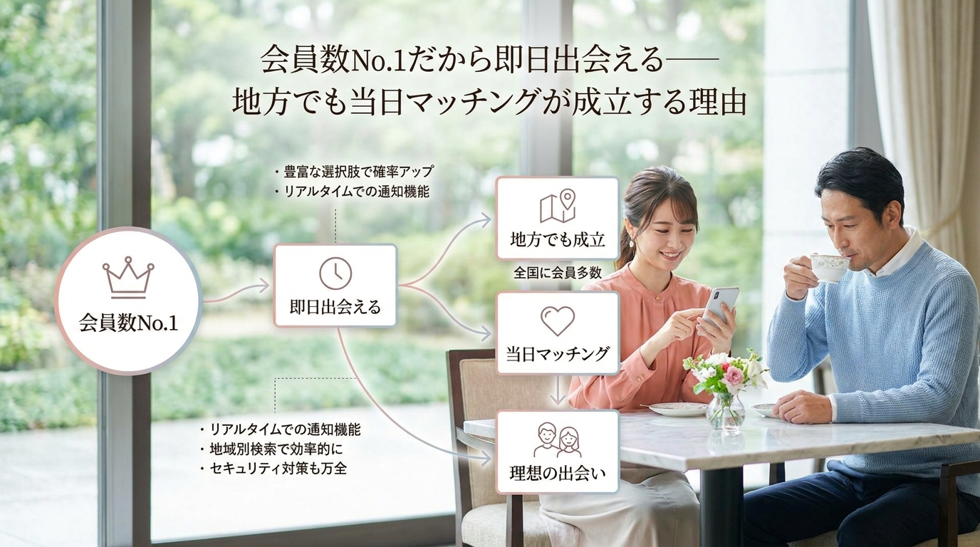 会員数No.1だから即日出会える——地方でも当日マッチングが成立する理由